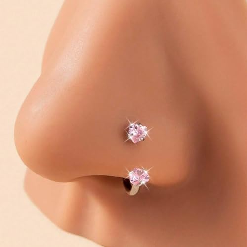 18G 20G Horseshoe Nose Rings Studs,Surgical Steel Nose Ring Pink Cubic Zirconia Nose Piercing,Internally Threaded Nose Rings For Women,Pink and Silver Zirconia - color: 18G-Silver-Heart