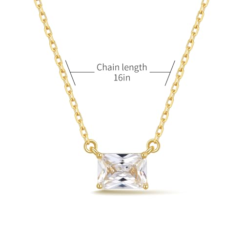 14K Gold Plated Solitaire Cubic Zirconia Necklace, Rectangle CZ Pendant Necklace for Women, Minimalist for Everyday Wear