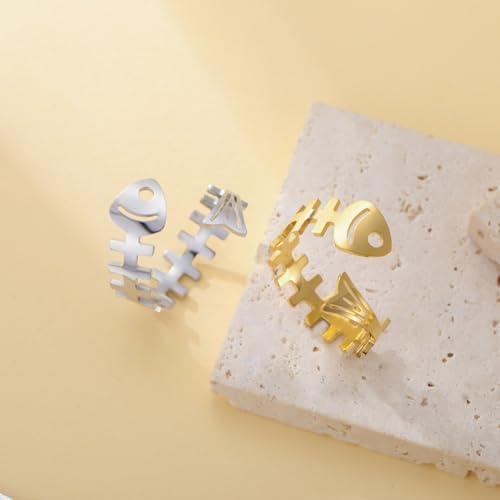 Funny Fishbone Ring, Stainless Steel Adjustable Open Rings for Women Trendy, Special Christmas Gift for Friend Lover Daughter - color: Gold