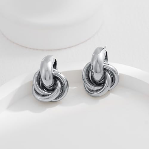 Gold Geometric Drop Dangle Earrings for Women Chunky Trendy Knot Stud Small Twisted Link Earring Jewelry Gift - color: A-Small Flower-Silver