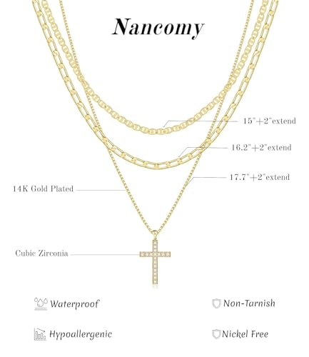 Layered Gold Cross Necklaces for Women, Stack Stackable 14K Gold/Silver Plated Cubic Zirconia Pendant Necklace Set Dainty Choker Layering Necklaces for Women Faith Jewelry Religious Gift - style: Gold-1