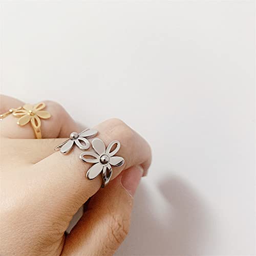 Asymmetric Sunflower Stainless Steel Wrap Open Rings for Women Cute Daisy Flowers Adjustable Statement Promise Engagement Finger Knuckle Rings Fashion Dainty Expandable Rings Christmas Thanksgiving Day Gifts - color: Silver
