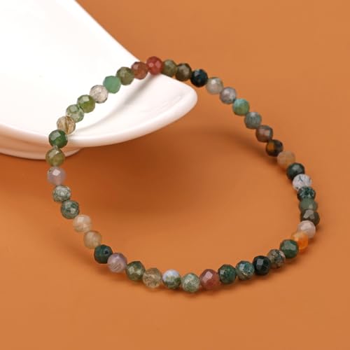 Natural Faceted Crystal Bracelet for Women,4mm Gemstone Round Beads Bracelets Adjustable Stretchy Healing Crystal Beads Bracelets Dainty Jewelry Gift - color: Indian Agate