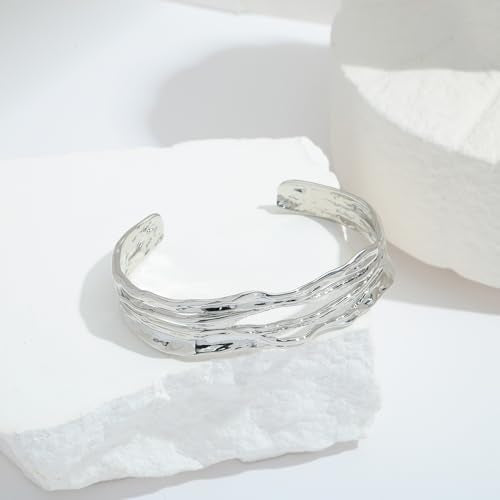Gold Cuff Bracelet for Women Chunky Multi-layer Cross Wire Open Bracelet Hollow Wide Cuff Bracelets Adjustable Gold Open Cuff Bangle Bracelet - color: Smooth White Gold Cuff Bracelet