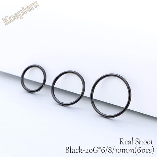 Nose Rings 20G 18G 16G 316L Surgical Steel Hinged Clicker Segment Nose Hoop Helix Cartilage Daith Tragus Sleeper Earrings Body Lip Piercing Jewelry for Women Men 6mm 7mm 8mm 10mm 12mm - style: 06:Black-20G*6/8/10mm(6pcs)