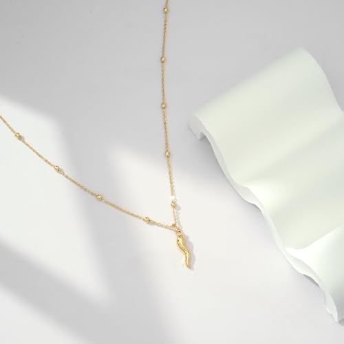 Gold Silver Necklace for Women, Dainty Cubic Zirconia Pendant | Teardrop CZ Charm, 14K Gold/Sterling Silver Plated, Adjustable Chain, Hypoallergenic & Waterproof Jewelry, Cute Trendy Gift - color: Gold-Italian horn/ball chain
