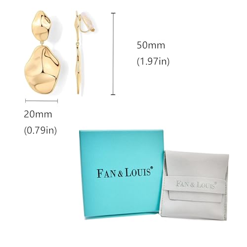 FAN&LOUIS Gold Silver Clip On Dangle Earrings Women,14K Gold Teardrop Statement Dangle Earrings Clips Lightweight Hammered Drop Dangle Clip-on Earrings for Women - style: Gold
