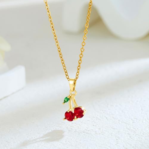 MALOYANVE Red Cherry Jewelry Set for Women 18K Gold Plated Sweet Fruit Dainty Cubic Zirconia Cherry Earring Necklace and Bracelet Summer Tropical Charm Accessories - color: Gold