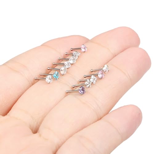 Hypoallergenic Nose Rings Studs 18G & 20G Surgical Steel Nose Studs L Shaped Nostril Piercing Jewelry with Cubic Zirconia for Women & Men - color: 20g,straight,crystal