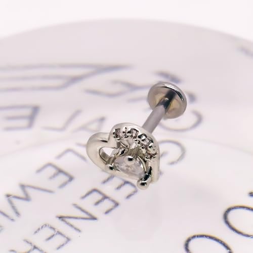 VERAMI 16G Surgical Steel Pushin Lip Rings Butterfly Flower Bee Nose Stud Rings Top Push in Threadless Flat Back Nose Rings Studs Cartilage Earrings for Womens - color: Silver-Double heart
