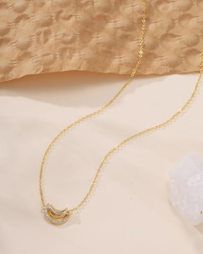 Gold Necklace for Women, 14K Gold Plated Cubic Zirconia Pendant Necklace, Dainty Heart Moon Circle Paperclip Jewelry for Layering, Everyday Birthday Gift - color: Gold Interlocking Moon