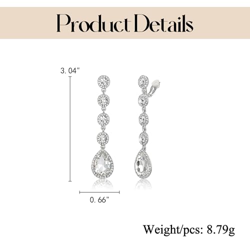 EleQueen Women's Wedding Crystal Teardrop Pear Shape 3 Inch Clip on Long Dangle Earrings for Bride Bridesmaid, Jewelry for Party Prom/Anniversary - color: White Silver-Tone