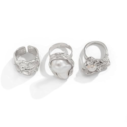 3/6 PCS Silver Chunky Pearl Rings Set for Women Gold Baroque Pearl Flower Open Ring Adjustable Crystal Large Ring Set Personalized Statement Knuckle Rings Fashion Costume Jewelry Accessories - color: silver