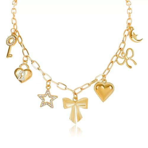 JNF Cute Shell Conch Boho Charm Necklace for Women Sun Moon Star Coin Heart Flower Boot Bow Charms Necklaces Summer Beach Jewelry - color: bow charm neck 01