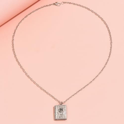 Photo Book Locket Necklace for Women Charm Choker Pendants that Holds Pictures Memorial Jewelry - color: Rose Flower Pattern