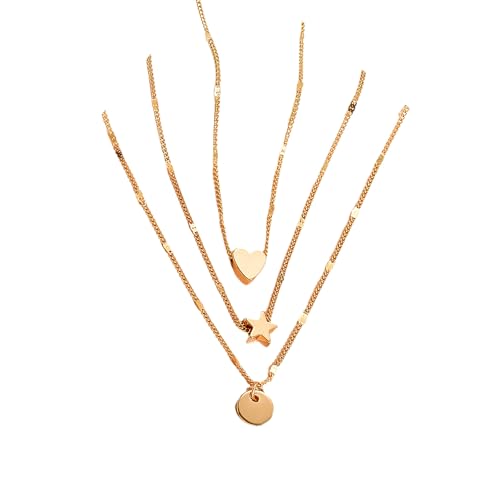 Layered Gold Heart Star Pendant Necklaces Set for Women Stackable Love Coin Chain Necklaces Adjustable Pentagram Choker Necklaces Jewelry Accessories
