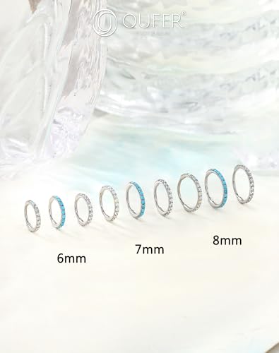 OUFER Turquoise CZ Opal Nose Rings for Women, 316L Surgical Steel 6MM Nose Rings Hoops, Silver Hinged Segment Septum Lip Eyebrow Cartilage Conch Rook Helix Tragus Daith Piercing Jewelry-6/7/8MM - color: Silver, Turqoise, Opal, CZ