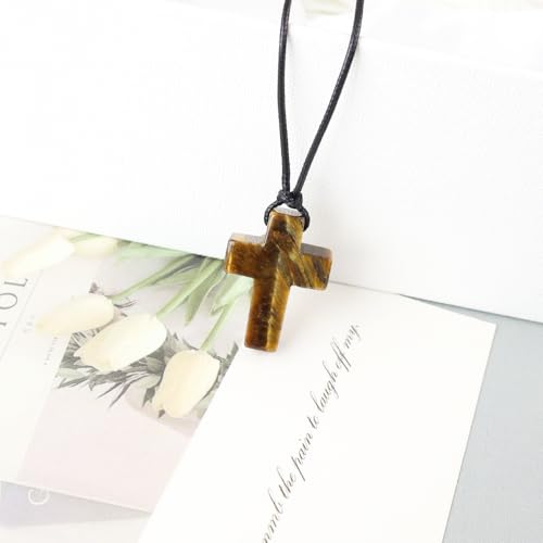 FANASY Natural Gemstone Pendant Necklace for Men Healing Crystal Pendant Adjustable Black Rope Necklace Jewelry Gifts for Women Men - color: X- Cross Tiger's Eye