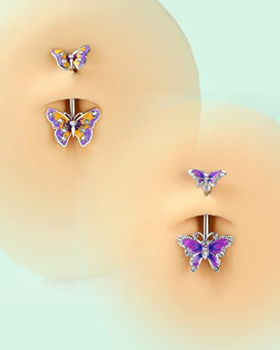 Jewseen Butterfly Belly Button Ring Surgical Steel 14G Belly Ring Purple Navel Piercing Jewelry Curved Barbell Belly Piercing Jewelry for Women