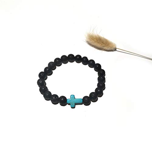 8MM Ornament Lava Volcanic Stone Beads Turquoise Cross Elastic Stretch Bracelet Religion Bangle for Women Men - color: Blue