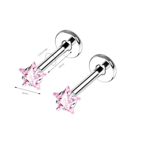 BelezaDosas G23 Titanium Labret Studs Threadless 16G Lip Rook Lobe Tragus Helix Cartilage Push Back Earring Piercing Jewelry - style: star-pink