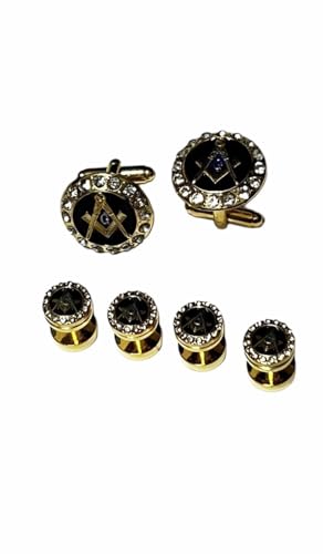 Masonic Cufflinks and Shirt Studs Set with Black Enamel and Rhinestones, Gold Tone