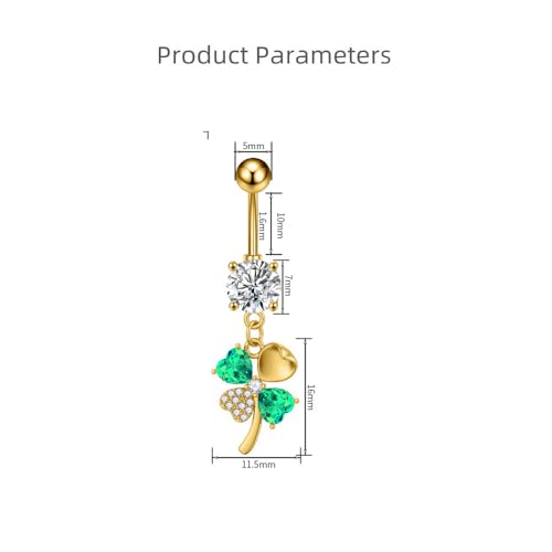 CZ Four Leaf Clove Belly Button Rings for Women Stainless Steel Green Crystal Belly Dangle Navel Piercing Barbell Studs Rings ST Patricks Day Irish Piercing Jewelry - color: Silver