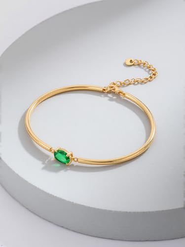 Moissanite/Sapphire/Ruby/Emerald Cuff Bracelet 1 Carat Oval Cut Center Stone Inlaid 925 Sterling Silver 14K Gold Plated Adjustable Birthstone Bangle for Women fit Wrist 5-7.5 Inch - color: Emerald Gold