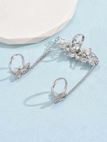 Rhinestone Finger Ring for Women Sparkly Crystal Butterfly Flower Leaf Adjustable Statement Chain Rings Punk Jewelry - color: silver flower