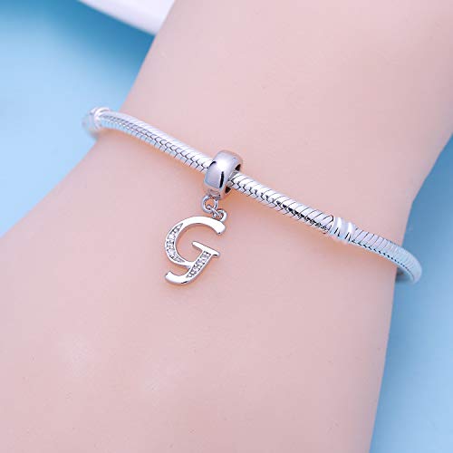925 Sterling Silver Charms Alphabet Beads fit Pandora Charm Bracelets A-Z Letter Initial Spacer Dangle Clear CZ Stone Authentic for Snake Chain Bracelets - color: G