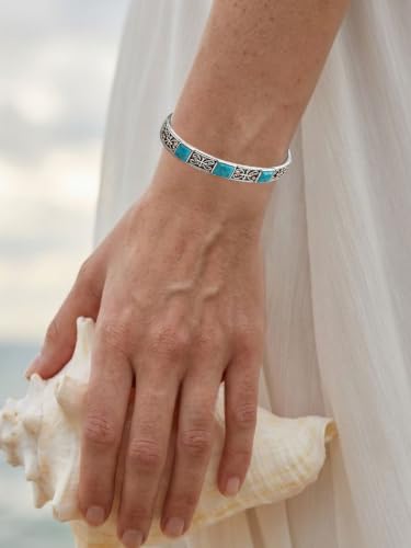 Native American Genuine Turquoise Cuff Bracelet for Women, 925 Sterling Silver Turquoise Boho Bangle, Adjustable Open Cuff Fits 6-7.5 Inches - style: Cross