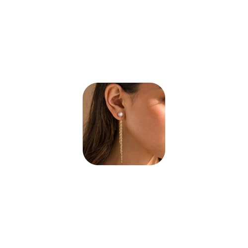 Robaice Long Gold Dangle Earrings for Women, 14K Plated Tassel Earring | Gold Chain Dangling Earrings, Trendy Drop Prom Earring, Lightweight Statement Party Jewelry, Gift for Women - style: E-pearl dangle tassel