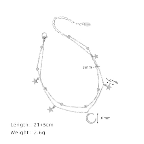 Layered Star and Moon Anklet for Women Waterproof Titanium Steel | Adjustable Gold/Silver Ankle Bracelet for Everyday Wear, Shower Safe Celestial Jewelry Gift, Dainty Summer Beach Foot Jewelry - color: Silver