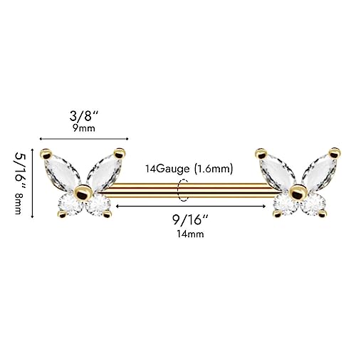 316L Stainless Steel Nipple Rings, Surgical Steel Nipple Bars, 14G Nipple Piercing Barbell, Sparkle Cubic Zircons CZ, Nipple Piercing Jewelry - color: Butterfly Gold CZ