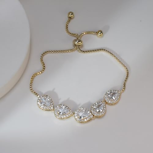 Teardrop Cubic Zirconia Jewelry Set for Women Wedding Prom Bridesmaid Gift | Sparkle Necklace Earrings Bracelet, Bride Formal Party Jewelry - color: Gold