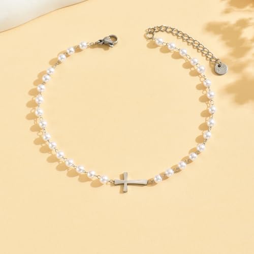 Ankle Bracelets for Women, 18K Gold Plated Dainty Waterproof Cross Anklets, Pearl Beaded Link Chain Anklet for Women Non Tarnish, Summer Beach Foot Jewelry, Christmas Gifts - color: Pearl Beaded Cross-White Gold