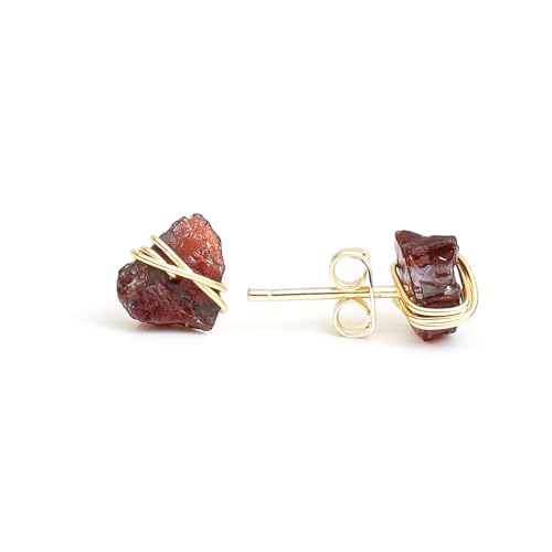 Gempires Wire Wrapped Raw Gemstone Stud Earrings for Women, Birthstone | Handmade wire-wrapped raw gemstone stud earrings — choose from stones and birthstones, artisan raw crystals on gold. - style: Red Garnet