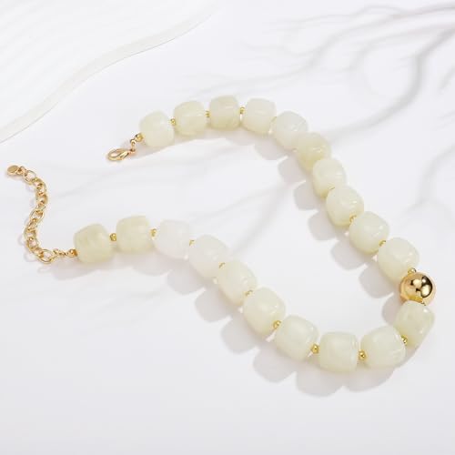 Chunky Beaded Necklace for Women Boho Statement Bead Necklace Adjustable Choker with Polished Disc/Square Beads Trendy Summer Beach Jewelry Gifts - color: White