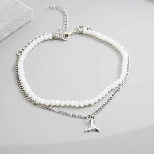 Boho Fish Tail Pendant Anklet Set of 2 – Adjustable Layered Beach Foot Jewelry – Bohemian Seed Bead Ankle Bracelet for Women