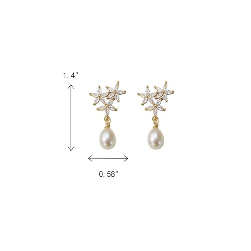 Crysdue Simulated Pearl Earrings for Women, Dainty Silver/Gold/Rose Gold Plated Cubic Zirconia Drop Dangle Earrings Wedding Jewelry for Bride Bridesmaid - style: M_CZ+ pearl, Gold