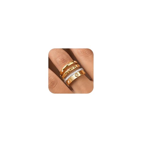 Stackable Gold Rings for Women - 18K Gold Plated Rings Set, Non Tarnish Stainless Steel Cubic Zirconia Friendship Band Stack Rings Trendy Jewelry, Christmas Birthday Party Gifts for Her Girlfriend