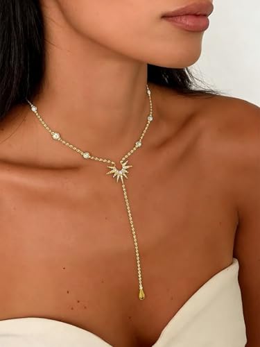 Long necklaces for women, Dainty Statement Pendant, Long Chain Jewelry for Women, Y-Shaped Necklace Simple CZ Necklace Jewelry Gifts - style: SunPendant