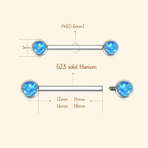 AROWRO Nipple Piercing Jewelry Nipple Rings Titanium Nipple Rings Implant Grade Hypoallergenic 14G Internally Threaded Straight Barbells with Cubic Zirconia Opal Gold Silver Rose Gold Black 12mm 14mm 16mm 18mm 20mm - color: Silver+Blue Opal