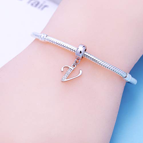 925 Sterling Silver Charms Alphabet Beads fit Pandora Charm Bracelets A-Z Letter Initial Spacer Dangle Clear CZ Stone Authentic for Snake Chain Bracelets - color: V