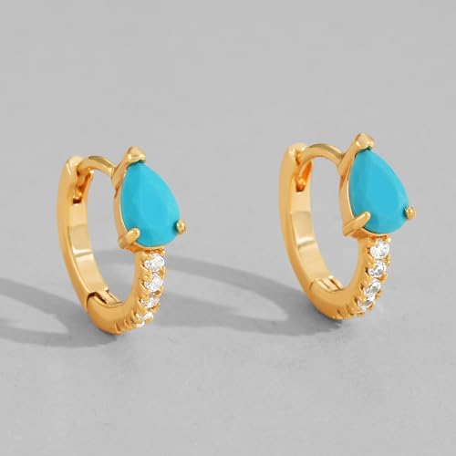 Dremmy Studios Dainty CZ Huggie Hoop Earrings 14K Gold Plated Chunky Simple Cute Thick Round Frill Bead Ball Starburst Cuff Earrings Cubic Zirconia Hoop Earrings Minimalist Personalized Gift for Her - color: A-CZ Turquoise