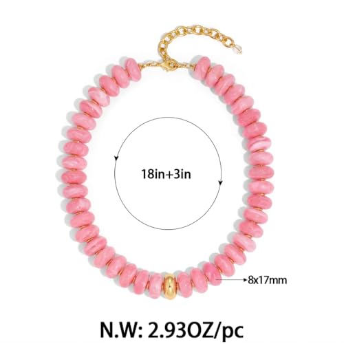Chunky Beaded Necklace for Women Boho Statement Bead Necklace Adjustable Choker with Polished Disc/Square Beads Trendy Summer Beach Jewelry Gifts - color: Pink