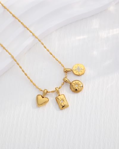 Interchangeable Removable CZ Charms Necklace, Gold Silver Stainless Steel Adjustable Box and Rice Bead Chain Minimalist Custom DIY Pendant Jewelry Gifts - color: Gold-B