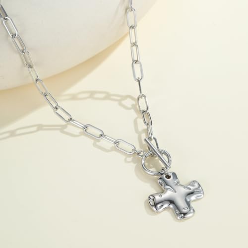 Joxevyia Gold Cross Necklace for Women Hammered Cross Pendant Toggle Clasp Paperclip Chain Statement Choker Bold Faith Jewelry Gift - color: silver cross necklace, size: 18 inches