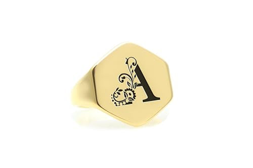 Flower Letter Gold Signet Ring - Custom Initial's Ring - Engraved Letter Signet Ring - Name Ring
