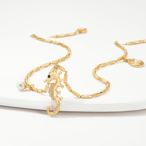 MTMY Gold Starfish Necklace 14K Gold Plated Shell Conch Ocean Pendant Necklace for Women Beach Summer Jewelry - style: seahorse